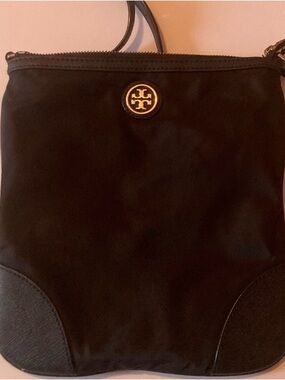 Tory Burch black Crossbody bag with leather trim,Gold hardware and Logo